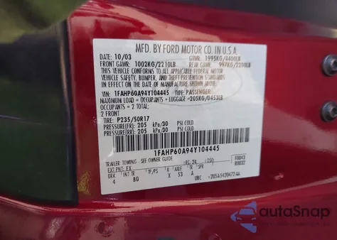 2004 Ford Thunderbird from USA, damaged, VIN 1FAHP60A94Y104445